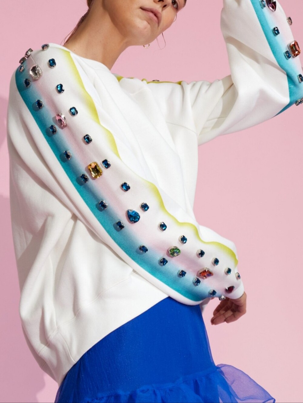 Boston Proper Cream Long Sleeve Sweatshirt, Striped Beaded Sleeves, XS